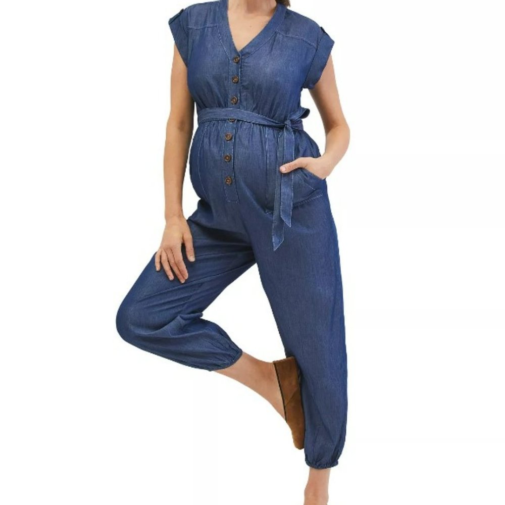Motherhood Maternity Jumpsuit, Modern Blue Maternity Outfit for Baby shower